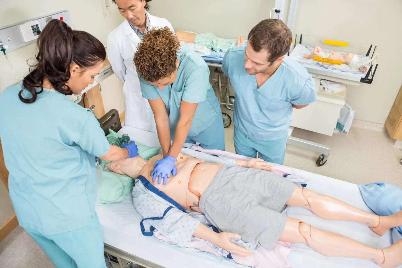 High,Angle,View,Of,Nurses,Performing,Crp,On,Dummy,Patient