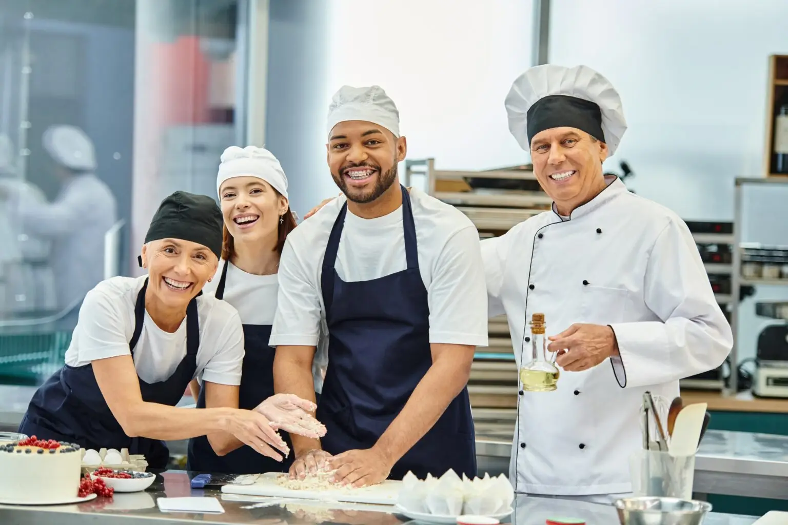 Joyful,Multicultural,Chefs,And,Chief,Cook,In,Toques,Smiling,At