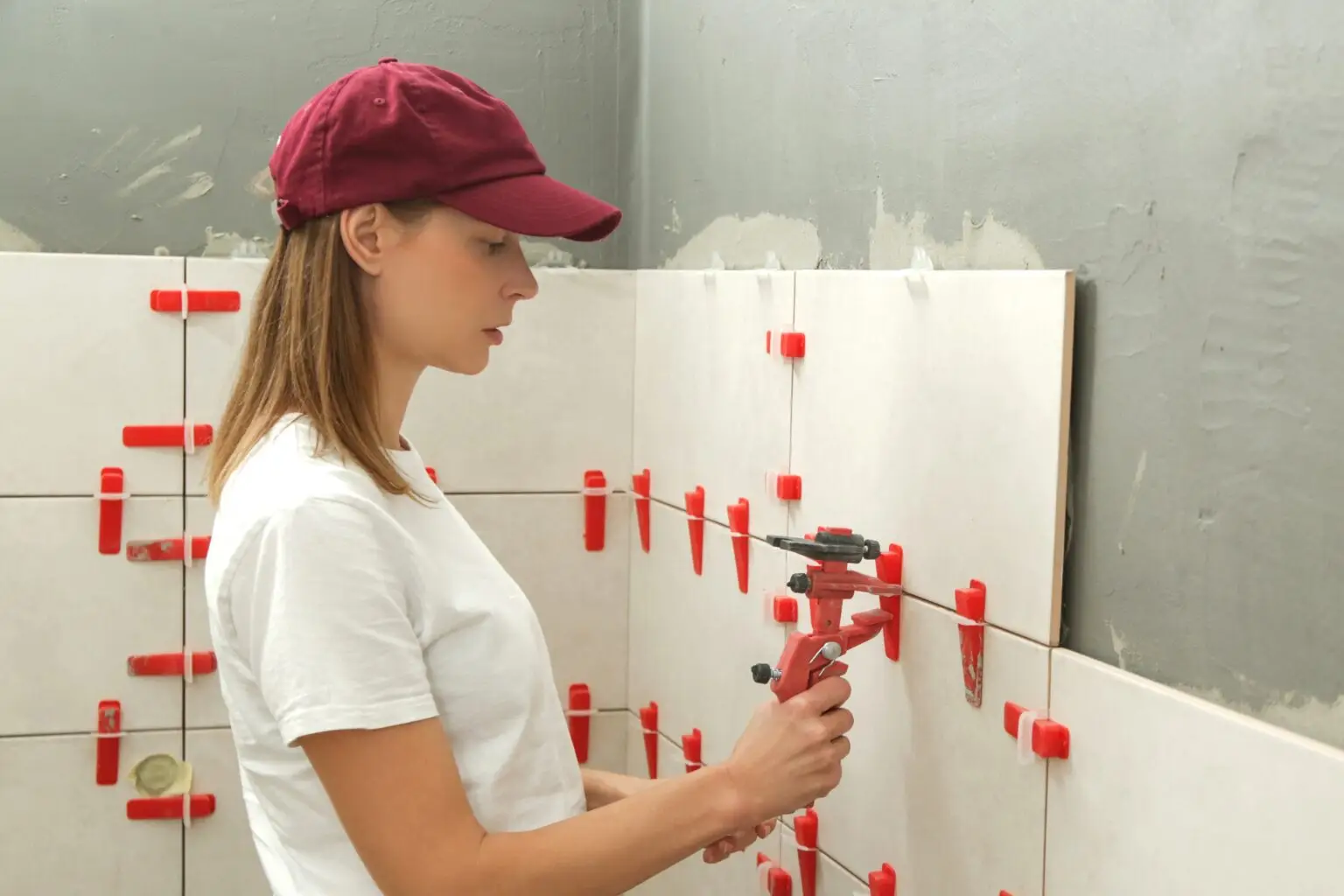Woman,Tiling,Bathroom,Walls.,Flat,Wall,Plastic,Tile,Leveling,System.