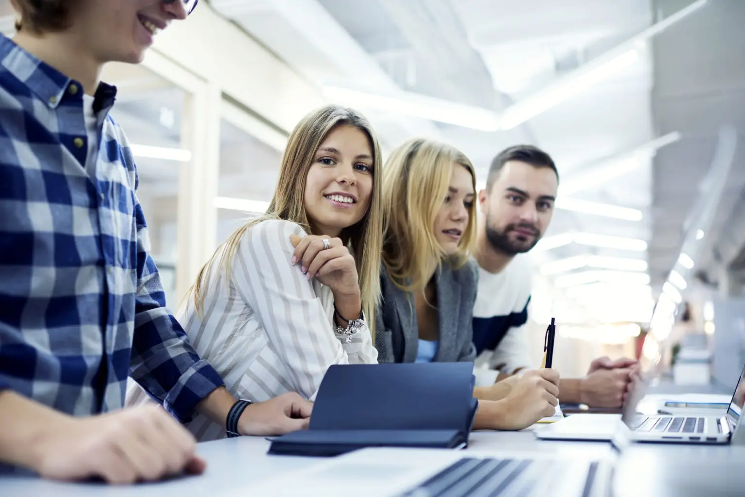 Portrait,Of,Beautiful,Female,International,Student,Working,With,Her,Classmates