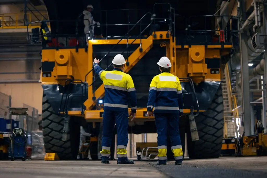 Industry,Big,Yellow,Mining,Truck,Maintenance.,Two,Engineers,Control,Repair